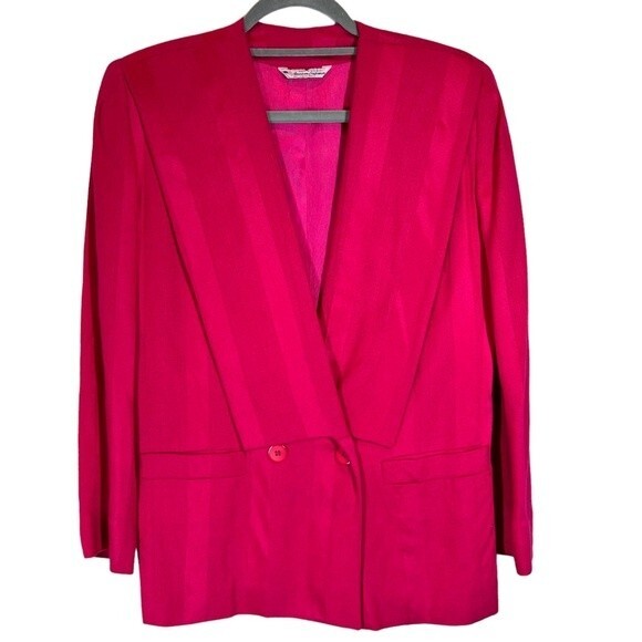 Vintage Jackets & Blazers - Vintage 1980s Hot Pink Barbie Blazer Michelle Stuart Tonal Stripe Shawl Collar 4